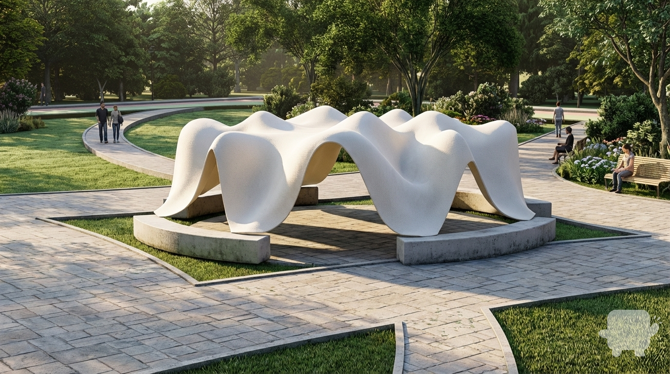 Realistic 3D rendering of a park gazebo and surrounding small architectural forms, designed in Revit. Detailed textures, realistic lighting and shadows, correct proportions, showing materials and fine details. Morning sunlight at 10 AM, natural shadows, clear visibility of the park layout and landscaping. Background includes trees, paths, and greenery, giving a clear concept of a public park. Photorealistic style, high resolution, cinematic lighting, focus on depth and perspective.