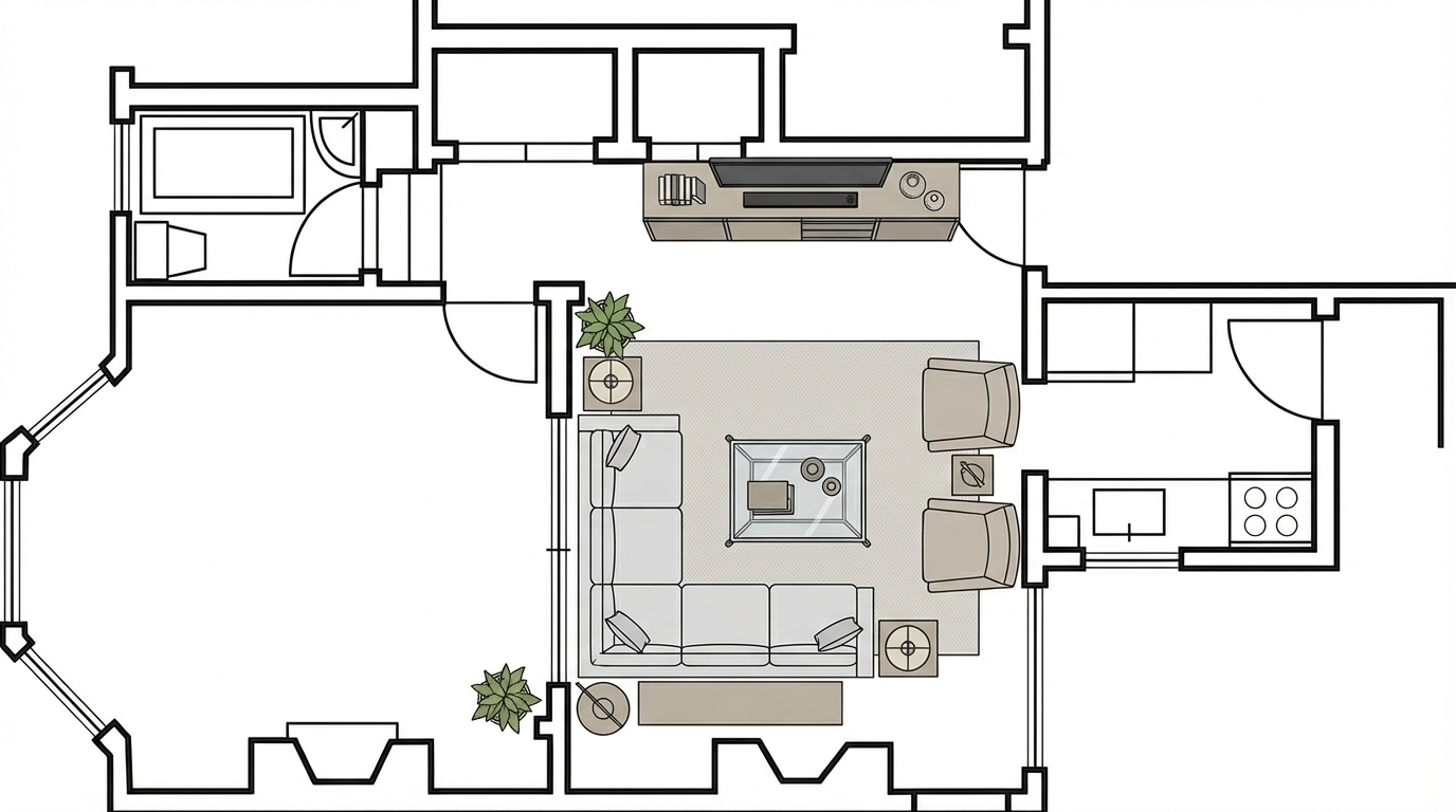 <role>
You are an expert architectural draftsman specializing in CAD-style floor plan furniture placement and interior design visualization.
</role>
<task>
Add appropriate furniture and interior elements to this empty floor plan in solid draft style with clean technical linework and filled shapes style. The furniture should match the modern style (contemporary, clean-lined furniture with minimalist aesthetics, neutral colors, and functional design) and be appropriate for a living room. Use medium level of detail with standard furniture representations (standard furniture detail, clear shapes, moderate detail). Include decorative details: plants, rugs, lamps, table décor, and decorative accessories appropriate for the space. Do not include shadows - use flat representation without shadow effects. Maintain accurate scale, proportions, and CAD drawing conventions.
</task>
<constraints>
1. Output format: Generate a single furnished floor plan image
2. Presentation style: solid-draft - solid draft style with clean technical linework and filled shapes
3. Presentation characteristics: clean technical lines, solid filled shapes, professional draft quality, clear linework
4. Drawing style: solid draft style with clean technical linework and filled shapes with clean technical lines, solid filled shapes, professional draft quality, clear linework
5. Furniture style: modern - contemporary, clean-lined furniture with minimalist aesthetics, neutral colors, and functional design
6. Room type: living room - conversation area with seating arranged around focal point, clear circulation paths, functional zones
7. Level of detail: medium - medium level of detail with standard furniture representations (standard furniture detail, clear shapes, moderate detail)
8. Furniture to include: sofa, coffee table, armchairs, TV stand or media console, side tables, lighting fixtures
9. Materials and finishes: glass, metal, engineered wood, neutral fabrics, polished surfaces
10. Decorative details: Include plants, rugs, lamps, table décor, and decorative accessories
11. Shadows: No shadows - flat representation
12. Scale and proportions: Maintain accurate architectural scale, proper furniture sizes relative to room dimensions, and realistic spatial relationships
13. CAD conventions: Use standard architectural floor plan symbols, line weights, and notation for furniture and fixtures
14. Layout principles: conversation area with seating arranged around focal point, clear circulation paths, functional zones
15. Functional elements: Include seating groups, entertainment area, reading nook, display areas
16. Do not: Distort scale, add furniture that doesn't fit the space, or violate architectural drawing standards
</constraints>
<output_requirements>
- Drawing type: Furnished floor plan in solid draft style with clean technical linework and filled shapes style
- Visual style: solid draft style with clean technical linework and filled shapes with clean technical lines, solid filled shapes, professional draft quality, clear linework
- Furniture style: modern - contemporary, clean-lined furniture with minimalist aesthetics, neutral colors, and functional design
- Room type: living room
- Level of detail: medium - medium level of detail with standard furniture representations
- Furniture elements: sofa, coffee table, armchairs, TV stand or media console, side tables, lighting fixtures
- Decorative details: Included
- Shadows: Excluded
- Scale accuracy: Maintain proper architectural scale and realistic furniture proportions
- Professional quality: Suitable for design development, client presentations, and construction documentation
- Drawing standards: Follow appropriate architectural floor plan conventions and symbols for solid-draft style
</output_requirements>
<context>
Populate this empty floor plan with modern style furniture appropriate for a living room. Use solid draft style with clean technical linework and filled shapes (clean technical lines, solid filled shapes, professional draft quality, clear linework) for the presentation style. Apply medium level of detail with standard furniture representations - standard furniture detail, clear shapes, moderate detail. Include decorative details: plants, rugs, lamps, table décor, and decorative accessories appropriate for the space. Do not include shadows - use flat representation without shadow effects. The furniture should be drawn with proper scale, proportions, and standard architectural symbols. Include sofa, coffee table, armchairs, TV stand or media console, side tables, lighting fixtures arranged according to conversation area with seating arranged around focal point, clear circulation paths, functional zones principles. Use glass, metal, engineered wood, neutral fabrics, polished surfaces to represent the furniture style. Maintain the solid draft style with clean technical linework and filled shapes quality while showing a complete, functional, and well-designed interior layout.
</context>
