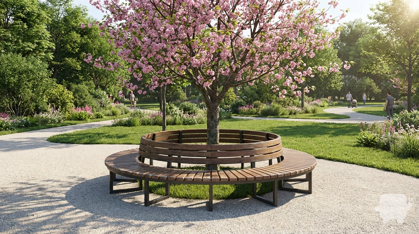 Photorealistic 3D rendering of a circular bench surrounding a blooming tree in a public park, designed in Revit. Detailed textures, realistic materials (wood, metal), correct proportions and perspective. Morning sunlight at 10 AM with natural shadows. Background includes trees, grass, paths, and greenery, showing clear park concept. High resolution, focus on depth, lighting, and realistic environment. Include human scale reference if needed.