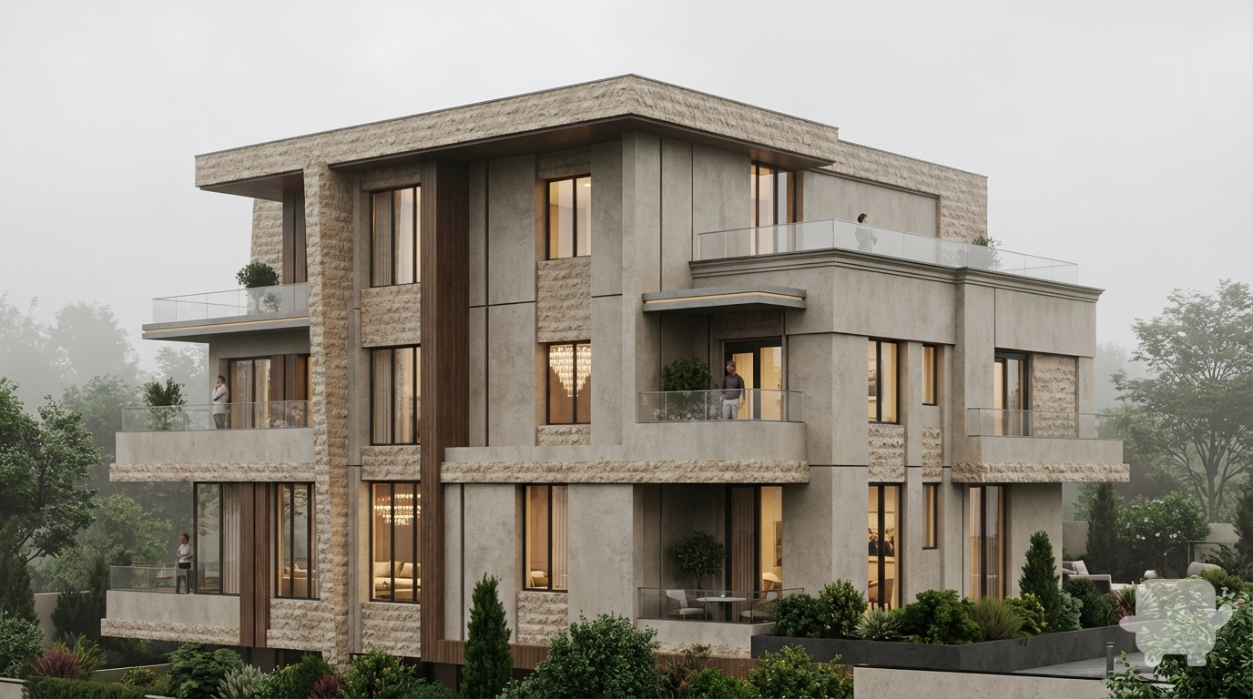 Create a super high-quality photorealistic exterior render of this modern villa from SketchUp/Revit. Preserve building geometry and camera angle. Apply realistic materials (stone, concrete, wood, glass) with accurate reflections. Use soft, natural, volumetric shadows, subtle global illumination, ambient daylight (without direct sun if desired), balanced exterior and interior lighting. Show interior details visible through windows, including chandelier and furniture. Include realistic landscaping and trees. Include subtle people for scale. No cars, no text, no stylization. Professional architectural visualization, cinematic and photorealistic