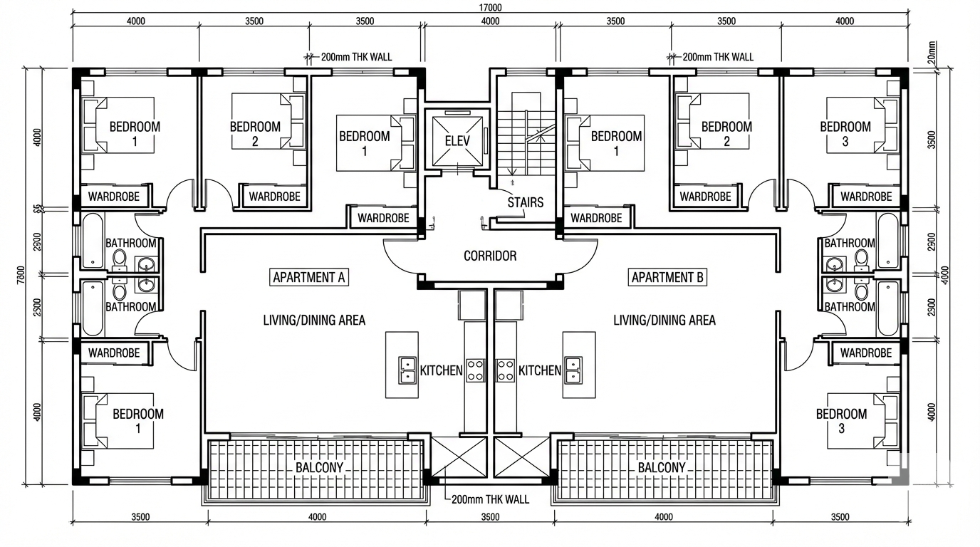 Detailed architectural floor plan of a typical floor of a 5-story residential apartment building, total floor area about 350 square meters, 2 apartments per floor, each apartment with 3 bedrooms, 2 bathrooms, open-plan living room and kitchen, dining area, balconies facing the street, central corridor with elevator and staircase core, clear room labels, dimensions and wall thickness visible, clean black and white line drawing, top-down view, professional CAD-style floor plan