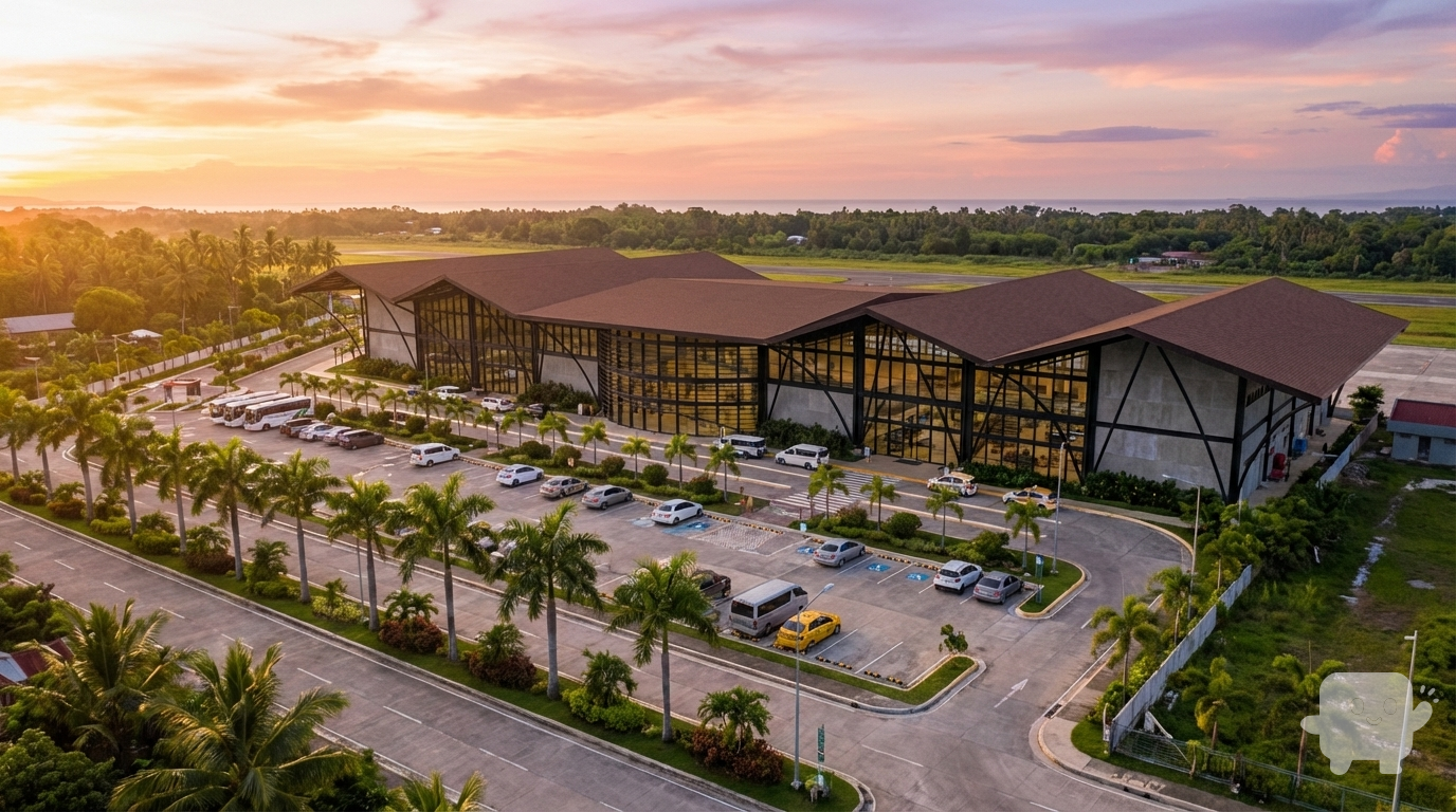 Hi! This is a revised airport of the Dumaguete airport in the Philippines. Can you provide an aerial perspective? Follow the landscaping plan I provided (which is the 2d plan from AutoCAD in the inspiration image), and make it into an aerial perspective. Make it realistic. Provide a little sunlight. Make sure to copy the layout of the plants, trees, bushes, parking, and reflect it in the aerial perspective. The roof is color brown. The wall facade is made of black steel frame and transparent glass. The other wall which is the grey one is made of grey finished concrete.