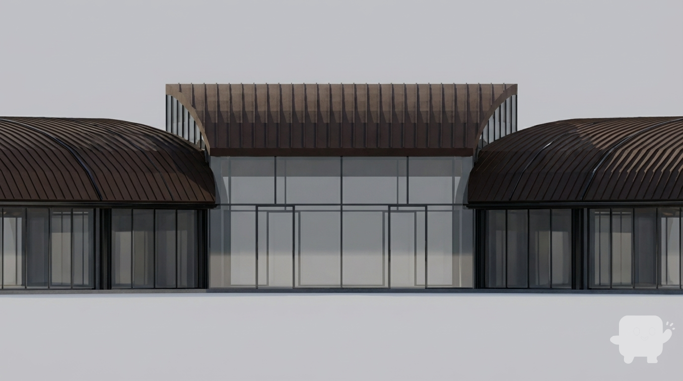 Hi! I am an architecture student and currently making an arhitectural front elevation, 2d perspective only. This is a regional airport located in El Nido, Palawan, Philippines. The roof is made of dark brown standing-seam metal roof. The exterior facade feels an open vibe due to the transparent grayish glass. The steel frame of the glass are also made of a little shiny, black steel. Make the facade a little realistic in 2D front elevation only just like the image, since this is an architectural plan. No need to provide background like trees or what, plain and simple only. Just the building only.