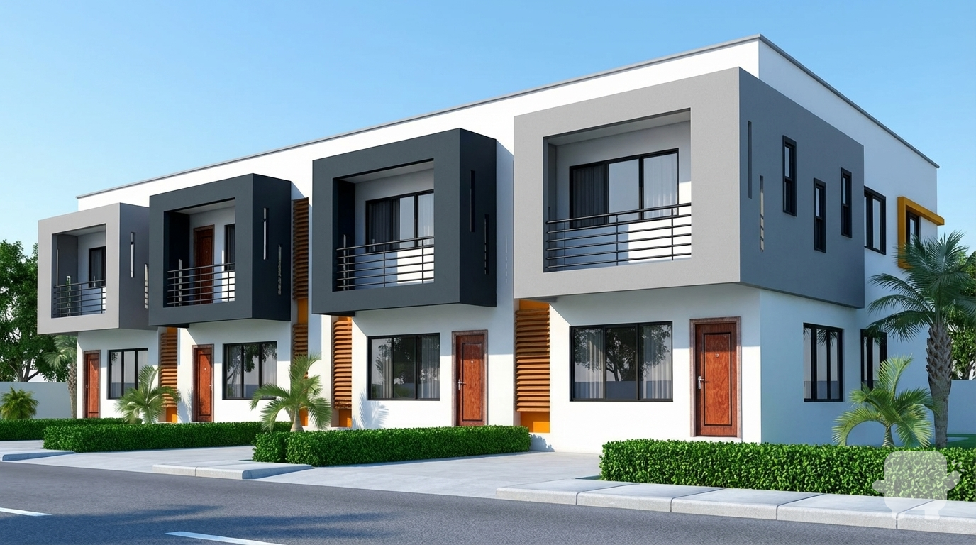 “Create a high-quality 3D architectural rendering of a modern townhouse block inspired by contemporary minimalist design. The building should feature clean geometric volumes and a strong contrast façade. Use a white base exterior for the main structure, complemented by projected upper-volume façade panels in a mix of dark charcoal grey and light concrete grey.

Include recessed balcony spaces with sleek horizontal black metal railings and large sliding glass doors. Add narrow vertical window strips on the façade panels to match the modern aesthetic.

Ground floor finishing should include:

Smooth white plaster walls

Large rectangular black-framed windows

Wooden accent slats in warm, natural tones placed vertically between the units

Warm wooden front doors with metallic handles

Upper floor finishing should include:

Box-shaped cantilevered façade elements

Matte-textured exterior paint

Deep shadow lines for depth and modern character

Landscaping details:

Neatly trimmed low green hedges along the frontage

Small tropical plants and palm trees evenly spaced

Simple concrete pathway and a smooth asphalt road in front

Lighting and environment:

Bright daytime lighting with clear blue sky

Soft shadows to highlight architectural depth

Crisp, photorealistic texture resolution

Final output should be a realistic 3D render showcasing the color palette (white, charcoal grey, light grey, natural wood), façade textures, balcony detailing, modern windows, and landscape elements consistent with the style shown.”