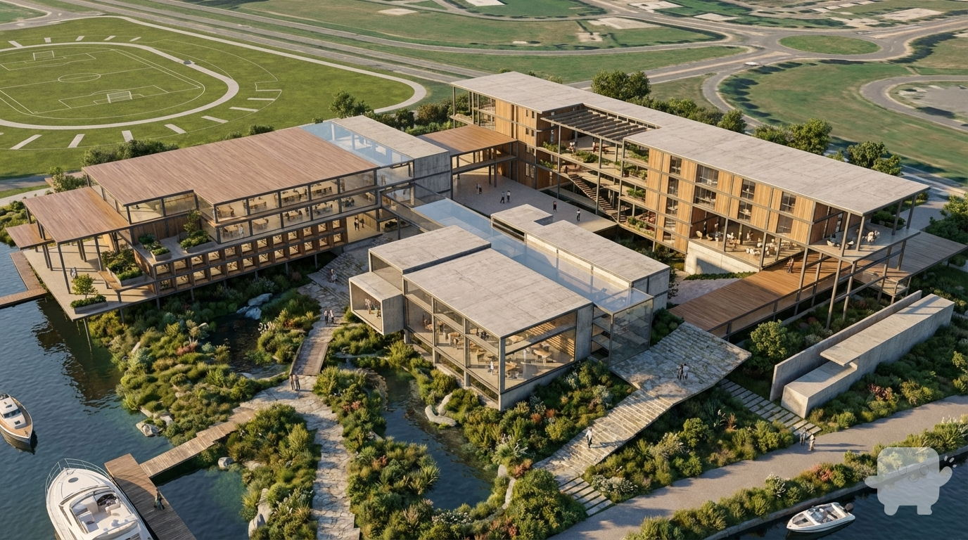 The concept of the project is built around the idea of connection, transparency, and structured openness. The complex is organized as a series of elevated, linear volumes that interlock around shared courtyards and circulation spines, creating a fluid relationship between indoor and outdoor spaces. The architecture lifts itself lightly above the ground on pilotis, allowing the landscape to flow underneath and reinforcing a sense of permeability and movement. Bridges, glazed corridors, and double-height voids stitch the different program zones together, emphasizing visual continuity and spatial layering. The massing steps and shifts to frame views toward the waterfront while generating shaded terraces and gathering areas. Overall, the project expresses a balance between solidity and openness—using simple, rectilinear forms to choreograph a dynamic, interconnected environment that responds to both human movement and the surrounding site.