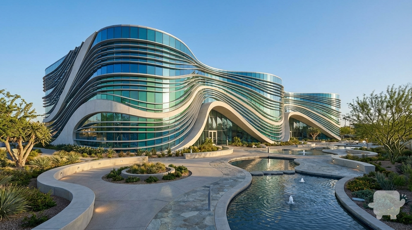 I am providing a basic 3D mass model of a building with no design details.
Please develop the architectural form based on a water wave concept, while keeping the original building massing intact.
I need smooth, fluid, dynamic façade lines inspired by the motion of water.

Requirements:

Create façade articulation inspired by water waves.

Add openings, shading elements, curves, or structural fins supporting the wave concept.

Use modern materials such as glass, aluminum, and GFRC.

Design a complete landscape for the site, including curved pathways, planting areas, ground lighting, and subtle water-themed elements.

Produce a high-quality final realistic render."