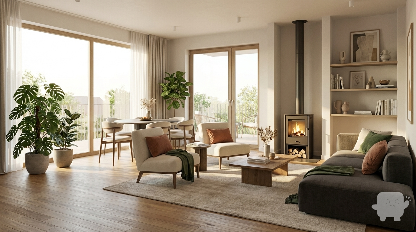 A modern living room interior with contemporary furniture, large windows with natural light, minimalist design, neutral color palette with accent colors, plants and decorative elements, cozy atmosphere, photorealistic interior rendering
