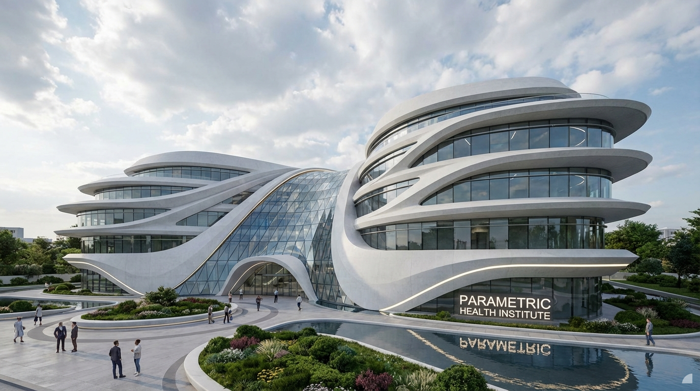 A photorealistic exterior architectural visualization of a futuristic hospital, distinctly in the parametric, fluid, curvilinear style reminiscent of Zaha Hadid Architects. The building features sweeping, organic forms with dynamic, undulating facades