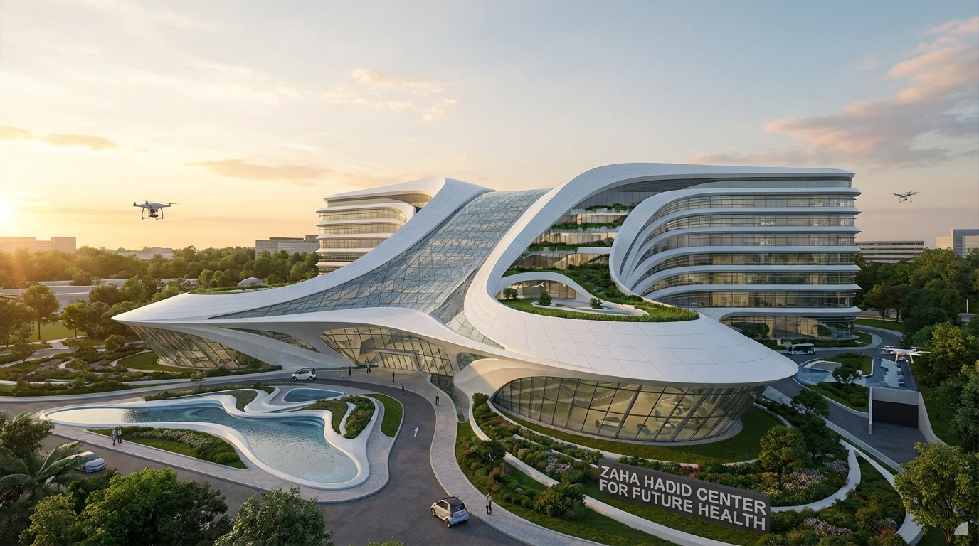 A photorealistic exterior architectural visualization of a futuristic hospital, distinctly in the parametric, fluid, curvilinear style reminiscent of Zaha Hadid Architects. The building features sweeping, organic forms with dynamic, undulating facades