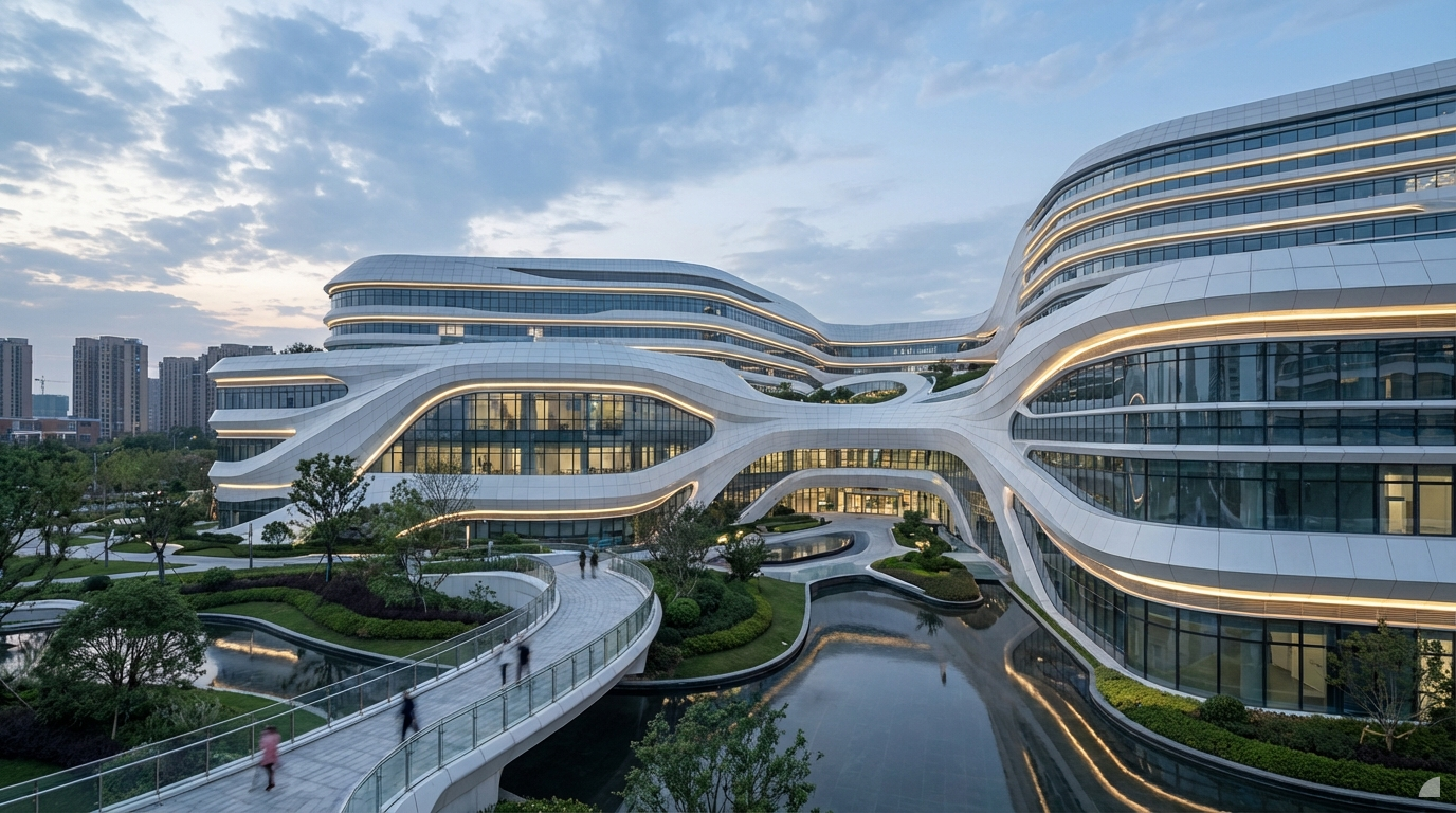 A photorealistic exterior architectural visualization of a futuristic hospital, distinctly in the parametric, fluid, curvilinear style reminiscent of Zaha Hadid Architects. The building features sweeping, organic forms with dynamic, undulating facades