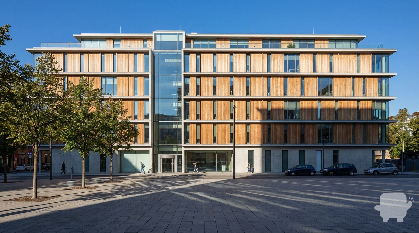A building exterior view in bright natural daylight, clear blue sky, well-lit facade, natural shadows, surrounding landscape or urban context, photorealistic architectural exterior rendering