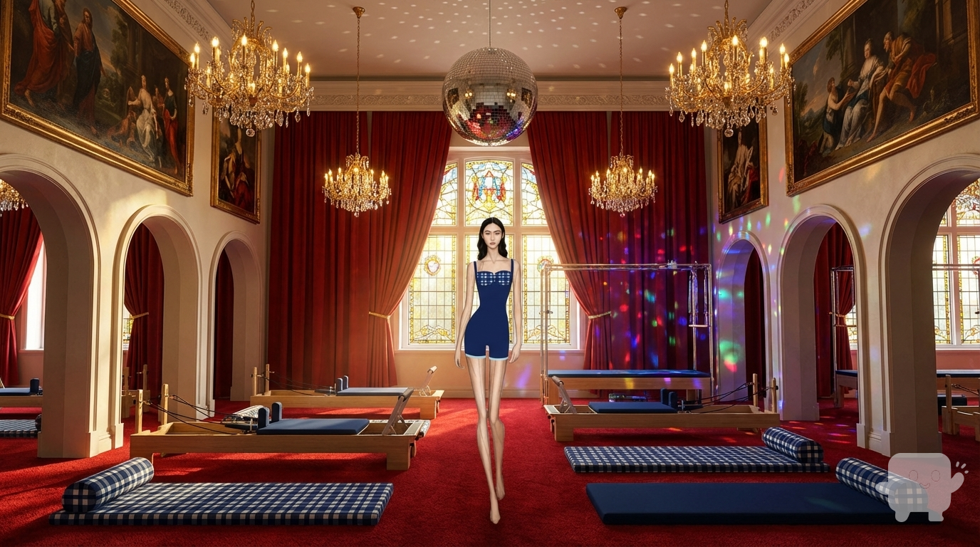 keep the dress exact same , make the background of this photo as the interiors of a luxury pilates studio , add reformers and mats matching the colour scheme of the dress. high ceilings with gold chandeliers , and walls covered with huge paintings, and thick red curtains which are open to let sunshine in, and a disco ball in the centre, make arched doorways and stained glass window, one area with colorful disco lighting and one area with chandelier , lush red carpet