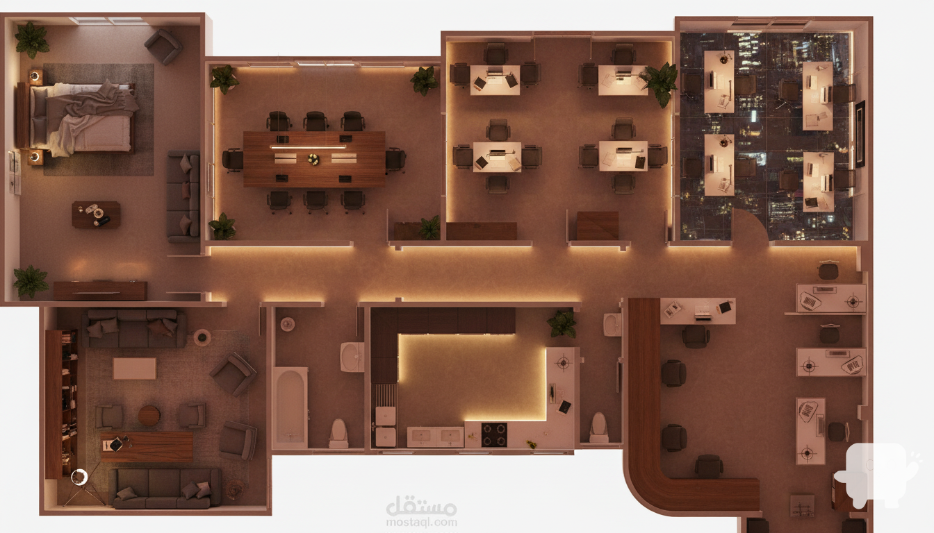 The space is furnished according to its function, considering room dimensions and circulation. Furniture is arranged to ensure comfort, clear movement, and functional balance, while supporting natural lighting and overall project concept.