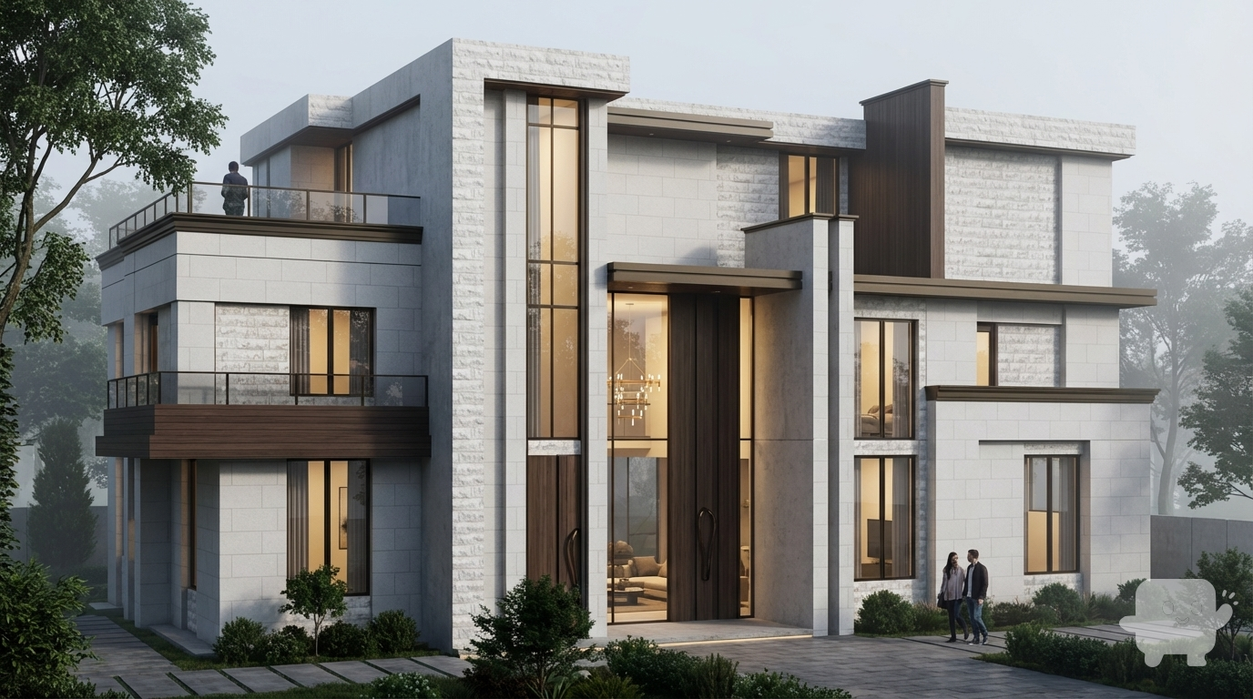 Create a super high-quality photorealistic exterior render of this modern villa from SketchUp/Revit. Preserve building geometry and camera angle. Apply realistic materials (stone, concrete, wood, glass) with accurate reflections. Use soft, natural, volumetric shadows, subtle global illumination, ambient daylight (without direct sun if desired), balanced exterior and interior lighting. Show interior details visible through windows, including chandelier and furniture. Include realistic landscaping and trees. Include subtle people for scale. No cars, no text, no stylization. Professional architectural visualization, cinematic and photorealistic