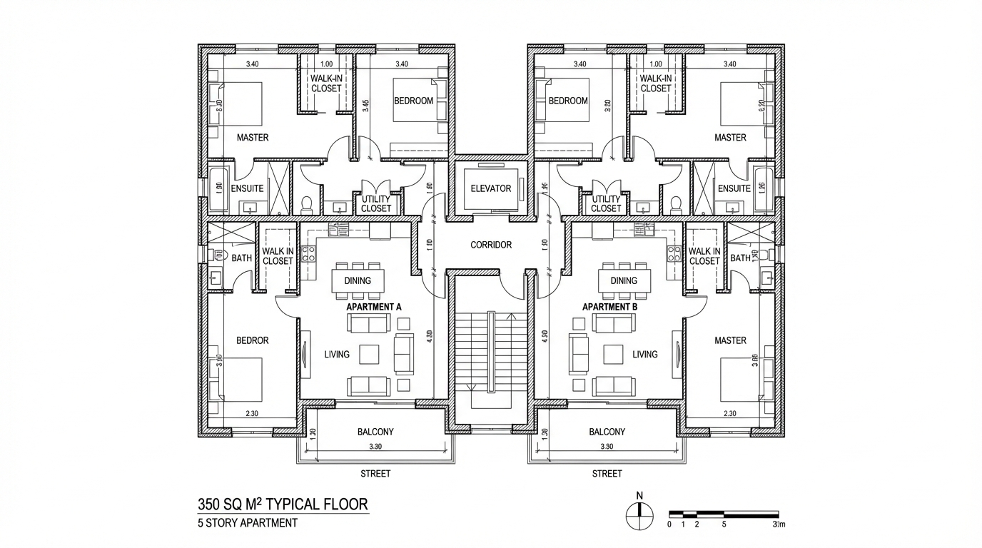 Detailed architectural floor plan of a typical floor of a 5-story residential apartment building, total floor area about 350 square meters, 2 apartments per floor, each apartment with 3 bedrooms, 2 bathrooms, open-plan living room and kitchen, dining area, balconies facing the street, central corridor with elevator and staircase core, clear room labels, dimensions and wall thickness visible, clean black and white line drawing, top-down view, professional CAD-style floor pla