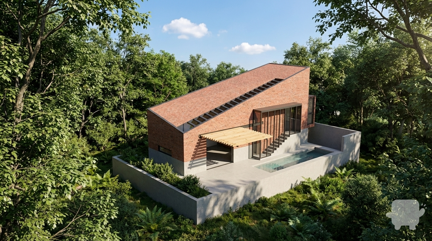 Maintain the project and volumes; I want it to be a realistic image with a wooded environment with lots of vegetation, a realistic sky with few clouds, materials like concrete and brick as well as glass where the window and door frames are, and that the materials like concrete and brick don't show much wear and tear.