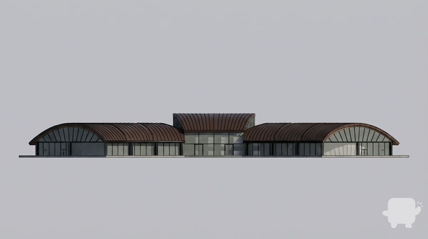 Hi! I am an architecture student and currently making an arhitectural front elevation, 2d perspective only. This is a regional airport located in El Nido, Palawan, Philippines. The roof is made of dark brown standing-seam metal roof. The exterior facade feels an open vibe due to the grayish glass. The steel frame of the glass are also made of a little shiny, black steel. Make the facade a little realistic in 2D front elevation only just like the image, since this is an architectural plan. No need to provide background like trees or what, plain and simple only. Just the building only.