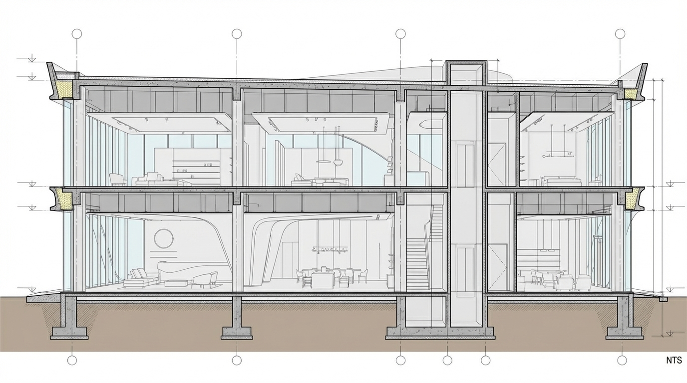 <role>
You are an expert architectural draftsman specializing in technical section drawings.
</role>
<task>
Transform the architectural render into a precise technical section drawing showing the building cut through longitudinally (along the length) to reveal interior structure. Create a longitudinal (along the length) section cut. Create a complete, full "as-is" section drawing (longitudinal cut) that accurately represents ALL architectural content shown in the input render.
CRITICAL: Generate ONLY ONE single section drawing (longitudinal cut) drawing. Do NOT create multiple drawings, compositions, or combined views. Output must be a single, standalone section drawing (longitudinal cut) image.
</task>
<constraints>
1. Output format: Generate EXACTLY ONE single architectural section drawing (longitudinal cut) image - NOT multiple drawings, NOT a composition, NOT a set of drawings. Only ONE drawing per request.
2. Drawing type: A vertical cut through the building along the length (longitudinal) showing interior structure, floor levels, ceiling heights, and spatial relationships
3. Projection type: CRITICAL - Use ONLY orthographic projection. NO perspective, NO isometric, NO 3D views. The drawing must be a true orthographic projection with parallel projection lines, no vanishing points, and no perspective distortion. All dimensions must be shown at true scale.
4. Visual style: Technical CAD linework with precise measurements and graphical symbols (NO text), and standard CAD conventions. Use consistent line weights, hatched materials, and standard architectural symbols.
5. Text and annotations: CRITICAL: DO NOT include ANY text labels, text annotations, written text, dimension text, dimension numbers, dimension values, or ANY readable text characters. Use ONLY graphical annotation symbols, dimension lines (without text), leader lines (without text), and graphical symbols. NO text of any kind. Users will add clean, proper, editable text in post-processing using CAD software.
CRITICAL: Do NOT include dimension numbers, dimension text, or any readable text on dimension lines. Dimension lines should be graphical lines only, without any text labels or numbers.
6. Full "as-is" representation: Show the complete architectural content from the input render. Include all visible elements, structures, and details. Do not omit or simplify elements that are clearly visible in the input.
7. Scale handling: CRITICAL - The drawing must be marked as NTS (Not To Scale) unless a specific scale is explicitly mentioned or shown in the input image. If the input image contains scale information (e.g., "1:100", "1/4" = 1'-0"", scale bar, or dimensioned elements), use that scale. Otherwise, the drawing must be clearly marked as NTS. Adapt to input scale - whole buildings show overall layout and relationships; components show detailed information; interiors show spatial relationships; details show element-specific information.
8. Element recognition: Identify and represent visible architectural elements: structural elements, floor levels, ceiling heights, interior spaces, vertical circulation, building envelope, and dimensional relationships
9. Drawing conventions: Follow standard architectural section conventions including cut lines, material hatching, and graphical symbols (NO text)
10. Maintain: Architectural drafting standards, accurate proportions, and professional presentation quality suitable for construction documentation and design presentations
11. Focus: structural accuracy, spatial relationships, and graphical symbols only (NO text)
12. Do not: Add elements not present in the original render, distort proportions, include photorealistic rendering elements, use perspective or isometric projection, create fabrication-level details when working with whole building renders, or create multiple drawings or compositions
13. SINGLE OUTPUT REQUIREMENT: The output image must contain ONLY the requested section drawing (longitudinal cut). Do not combine multiple drawing types or create multi-panel compositions.
14. ORTHOGRAPHIC ENFORCEMENT: The drawing MUST be orthographic. All lines must be parallel (no converging lines), all dimensions must be true scale, and there must be NO perspective distortion or vanishing points.
</constraints>
<output_requirements>
- Drawing type: section drawing (longitudinal cut)
- Projection: ORTHOGRAPHIC ONLY - parallel projection lines, no perspective, no vanishing points, true scale dimensions
- Visual style: Technical CAD linework with precise measurements and graphical symbols (NO text), and standard architectural conventions
- Elements: structural elements, floor levels, ceiling heights, interior spaces, vertical circulation, building envelope, and dimensional relationships
- Technical accuracy: Must follow architectural drafting standards and CAD conventions
- Professional quality: Suitable for construction documentation, permit applications, shop drawings, and design presentations
- Scale: CRITICAL - Drawing must be marked as NTS (Not To Scale) unless a specific scale is explicitly mentioned or shown in the input image. If scale information exists in the input (e.g., "1:100", "1/4" = 1'-0"", scale bar, dimensioned elements), use that scale. Otherwise, mark as NTS. Adapt to input scale - whole buildings show overall relationships; components show detailed information; interiors show spatial relationships
- Text handling: CRITICAL: Use ONLY graphical symbols, dimension lines (without text), leader lines (without text), and annotation symbols. NO text labels, NO written annotations, NO dimension numbers, NO dimension text, NO readable text of any kind.
- Consistency: If generating multiple views (all elevations, comprehensive set), maintain consistent scale (all NTS unless specified), line weights, and graphical conventions across all drawings
- Full representation: Show complete "as-is" architectural content from input - include all visible elements and structures
</output_requirements>
<context>
Convert the architectural render into a section drawing (longitudinal cut) following technical CAD conventions using ORTHOGRAPHIC projection only. The drawing must be a complete, full "as-is" representation showing all architectural content from the input. Work with any architectural content, building type, or style. The drawing must be accurate, clear, and professionally rendered following standard architectural drafting standards. Create a longitudinal (along the length) section cut. CRITICAL: Use ONLY graphical symbols with NO text. Do NOT include any dimension numbers, dimension text, labels, or readable text. Users will add text in post-processing using CAD software.
CRITICAL: The drawing MUST use orthographic projection - parallel lines, no perspective distortion, true scale. NO perspective, NO isometric, NO 3D views. Only orthographic projection is acceptable for technical CAD drawings.
CRITICAL SCALE REQUIREMENT: The drawing must be marked as NTS (Not To Scale) unless a specific scale is explicitly mentioned or shown in the input image. If the input contains scale information (e.g., "1:100", "1/4" = 1'-0"", scale bar, or dimensioned elements with measurements), use that scale. Otherwise, the drawing must be clearly marked as NTS.
</context>