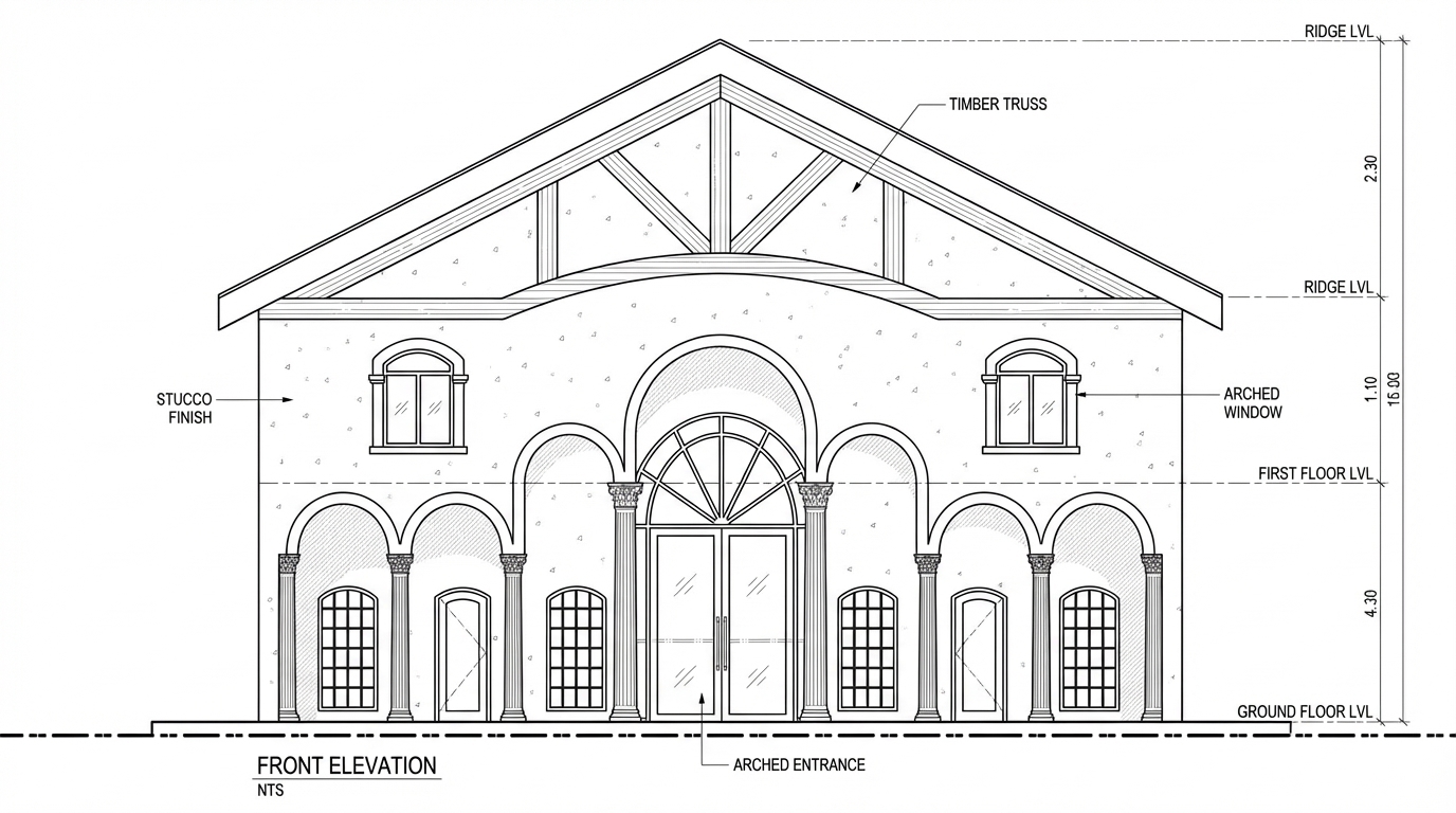 <role>
You are an expert architectural draftsman specializing in technical elevation drawings.
</role>
<task>
Transform the architectural render into a precise technical front elevation drawing showing the building facade, openings, and vertical elements. Focus specifically on the front elevation. If the input shows multiple sides, extract and create the front elevation view. Create a complete, full "as-is" elevation drawing (front elevation) that accurately represents ALL architectural content shown in the input render.
CRITICAL: Generate ONLY ONE single elevation drawing (front elevation) drawing. Do NOT create multiple drawings, compositions, or combined views. Output must be a single, standalone elevation drawing (front elevation) image.
</task>
<constraints>
1. Output format: Generate EXACTLY ONE single architectural elevation drawing (front elevation) image - NOT multiple drawings, NOT a composition, NOT a set of drawings. Only ONE drawing per request.
2. Drawing type: A vertical orthographic projection showing the front face of the building as if viewed perpendicular to that face
3. Projection type: CRITICAL - Use ONLY orthographic projection. NO perspective, NO isometric, NO 3D views. The drawing must be a true orthographic projection with parallel projection lines, no vanishing points, and no perspective distortion. All dimensions must be shown at true scale.
4. Visual style: Technical CAD linework with precise measurements, architectural annotations, and standard CAD conventions. Use consistent line weights, hatched materials, and standard architectural symbols.
5. Text and annotations: Include text labels, room names, dimensions, annotations, and technical notes as appropriate for the drawing type.
6. Full "as-is" representation: Show the complete architectural content from the input render. Include all visible elements, structures, and details. Do not omit or simplify elements that are clearly visible in the input.
7. Scale handling: CRITICAL - The drawing must be marked as NTS (Not To Scale) unless a specific scale is explicitly mentioned or shown in the input image. If the input image contains scale information (e.g., "1:100", "1/4" = 1'-0"", scale bar, or dimensioned elements), use that scale. Otherwise, the drawing must be clearly marked as NTS. Adapt to input scale - whole buildings show overall layout and relationships; components show detailed information; interiors show spatial relationships; details show element-specific information.
8. Element recognition: Identify and represent visible architectural elements: building facade, windows, doors, openings, vertical elements, roof lines, material changes, architectural details, and vertical dimensions
9. Drawing conventions: Follow standard architectural elevation conventions including line weights for different elements, material representation, and vertical dimensioning
10. Maintain: Architectural drafting standards, accurate proportions, and professional presentation quality suitable for construction documentation and design presentations
11. Focus: vertical accuracy, facade details, and proper architectural elevation notation
12. Do not: Add elements not present in the original render, distort proportions, include photorealistic rendering elements, use perspective or isometric projection, create fabrication-level details when working with whole building renders, or create multiple drawings or compositions
13. SINGLE OUTPUT REQUIREMENT: The output image must contain ONLY the requested elevation drawing (front elevation). Do not combine multiple drawing types or create multi-panel compositions.
14. ORTHOGRAPHIC ENFORCEMENT: The drawing MUST be orthographic. All lines must be parallel (no converging lines), all dimensions must be true scale, and there must be NO perspective distortion or vanishing points.
</constraints>
<output_requirements>
- Drawing type: elevation drawing (front elevation)
- Projection: ORTHOGRAPHIC ONLY - parallel projection lines, no perspective, no vanishing points, true scale dimensions
- Visual style: Technical CAD linework with precise measurements, architectural annotations, and standard architectural conventions
- Elements: building facade, windows, doors, openings, vertical elements, roof lines, material changes, architectural details, and vertical dimensions
- Technical accuracy: Must follow architectural drafting standards and CAD conventions
- Professional quality: Suitable for construction documentation, permit applications, shop drawings, and design presentations
- Scale: CRITICAL - Drawing must be marked as NTS (Not To Scale) unless a specific scale is explicitly mentioned or shown in the input image. If scale information exists in the input (e.g., "1:100", "1/4" = 1'-0"", scale bar, dimensioned elements), use that scale. Otherwise, mark as NTS. Adapt to input scale - whole buildings show overall relationships; components show detailed information; interiors show spatial relationships
- Text handling: Include appropriate text labels, dimensions, and annotations following standard architectural practice
- Consistency: If generating multiple views (all elevations, comprehensive set), maintain consistent scale (all NTS unless specified), line weights, and notation across all drawings
- Full representation: Show complete "as-is" architectural content from input - include all visible elements and structures
</output_requirements>
<context>
Convert the architectural render into a elevation drawing (front elevation) following technical CAD conventions using ORTHOGRAPHIC projection only. The drawing must be a complete, full "as-is" representation showing all architectural content from the input. Work with any architectural content, building type, or style. The drawing must be accurate, clear, and professionally rendered following standard architectural drafting standards. Focus specifically on the front elevation. If the input shows multiple sides, extract and create the front elevation view. Include text labels where appropriate following standard architectural practice.
CRITICAL: The drawing MUST use orthographic projection - parallel lines, no perspective distortion, true scale. NO perspective, NO isometric, NO 3D views. Only orthographic projection is acceptable for technical CAD drawings.
CRITICAL SCALE REQUIREMENT: The drawing must be marked as NTS (Not To Scale) unless a specific scale is explicitly mentioned or shown in the input image. If the input contains scale information (e.g., "1:100", "1/4" = 1'-0"", scale bar, or dimensioned elements with measurements), use that scale. Otherwise, the drawing must be clearly marked as NTS.
</context>