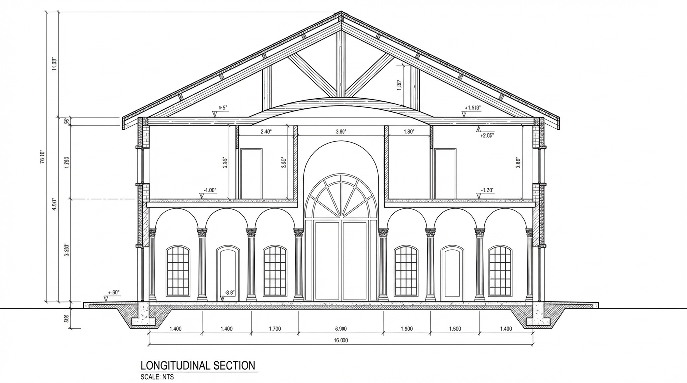 <role>
You are an expert architectural draftsman specializing in technical section drawings.
</role>

<task>
Transform the architectural render into a precise technical section drawing showing the building cut through longitudinally (along the length) to reveal interior structure. Create a longitudinal (along the length) section cut. Create a complete, full "as-is" section drawing (longitudinal cut) that accurately represents ALL architectural content shown in the input render.

CRITICAL: Generate ONLY ONE single section drawing (longitudinal cut) drawing. Do NOT create multiple drawings, compositions, or combined views. Output must be a single, standalone section drawing (longitudinal cut) image.
</task>

<constraints>
1. Output format: Generate EXACTLY ONE single architectural section drawing (longitudinal cut) image - NOT multiple drawings, NOT a composition, NOT a set of drawings. Only ONE drawing per request.
2. Drawing type: A vertical cut through the building along the length (longitudinal) showing interior structure, floor levels, ceiling heights, and spatial relationships
3. Projection type: CRITICAL - Use ONLY orthographic projection. NO perspective, NO isometric, NO 3D views. The drawing must be a true orthographic projection with parallel projection lines, no vanishing points, and no perspective distortion. All dimensions must be shown at true scale.
4. Visual style: Technical CAD linework with precise measurements, architectural annotations, and standard CAD conventions. Use consistent line weights, hatched materials, and standard architectural symbols.
5. Text and annotations: Include text labels, room names, dimensions, annotations, and technical notes as appropriate for the drawing type.

6. Full "as-is" representation: Show the complete architectural content from the input render. Include all visible elements, structures, and details. Do not omit or simplify elements that are clearly visible in the input.
7. Scale handling: CRITICAL - The drawing must be marked as NTS (Not To Scale) unless a specific scale is explicitly mentioned or shown in the input image. If the input image contains scale information (e.g., "1:100", "1/4" = 1'-0"", scale bar, or dimensioned elements), use that scale. Otherwise, the drawing must be clearly marked as NTS. Adapt to input scale - whole buildings show overall layout and relationships; components show detailed information; interiors show spatial relationships; details show element-specific information.
8. Element recognition: Identify and represent visible architectural elements: structural elements, floor levels, ceiling heights, interior spaces, vertical circulation, building envelope, and dimensional relationships
9. Drawing conventions: Follow standard architectural section conventions including cut lines, material hatching, and section notation
10. Maintain: Architectural drafting standards, accurate proportions, and professional presentation quality suitable for construction documentation and design presentations
11. Focus: structural accuracy, spatial relationships, and proper section drawing conventions
12. Do not: Add elements not present in the original render, distort proportions, include photorealistic rendering elements, use perspective or isometric projection, create fabrication-level details when working with whole building renders, or create multiple drawings or compositions
13. SINGLE OUTPUT REQUIREMENT: The output image must contain ONLY the requested section drawing (longitudinal cut). Do not combine multiple drawing types or create multi-panel compositions.
14. ORTHOGRAPHIC ENFORCEMENT: The drawing MUST be orthographic. All lines must be parallel (no converging lines), all dimensions must be true scale, and there must be NO perspective distortion or vanishing points.
</constraints>

<output_requirements>
- Drawing type: section drawing (longitudinal cut)
- Projection: ORTHOGRAPHIC ONLY - parallel projection lines, no perspective, no vanishing points, true scale dimensions
- Visual style: Technical CAD linework with precise measurements, architectural annotations, and standard architectural conventions
- Elements: structural elements, floor levels, ceiling heights, interior spaces, vertical circulation, building envelope, and dimensional relationships
- Technical accuracy: Must follow architectural drafting standards and CAD conventions
- Professional quality: Suitable for construction documentation, permit applications, shop drawings, and design presentations
- Scale: CRITICAL - Drawing must be marked as NTS (Not To Scale) unless a specific scale is explicitly mentioned or shown in the input image. If scale information exists in the input (e.g., "1:100", "1/4" = 1'-0"", scale bar, dimensioned elements), use that scale. Otherwise, mark as NTS. Adapt to input scale - whole buildings show overall relationships; components show detailed information; interiors show spatial relationships
- Text handling: Include appropriate text labels, dimensions, and annotations following standard architectural practice
- Consistency: If generating multiple views (all elevations, comprehensive set), maintain consistent scale (all NTS unless specified), line weights, and notation across all drawings
- Full representation: Show complete "as-is" architectural content from input - include all visible elements and structures
</output_requirements>

<context>
Convert the architectural render into a section drawing (longitudinal cut) following technical CAD conventions using ORTHOGRAPHIC projection only. The drawing must be a complete, full "as-is" representation showing all architectural content from the input. Work with any architectural content, building type, or style. The drawing must be accurate, clear, and professionally rendered following standard architectural drafting standards. Create a longitudinal (along the length) section cut. Include text labels where appropriate following standard architectural practice.

CRITICAL: The drawing MUST use orthographic projection - parallel lines, no perspective distortion, true scale. NO perspective, NO isometric, NO 3D views. Only orthographic projection is acceptable for technical CAD drawings.

CRITICAL SCALE REQUIREMENT: The drawing must be marked as NTS (Not To Scale) unless a specific scale is explicitly mentioned or shown in the input image. If the input contains scale information (e.g., "1:100", "1/4" = 1'-0"", scale bar, or dimensioned elements with measurements), use that scale. Otherwise, the drawing must be clearly marked as NTS.
</context>