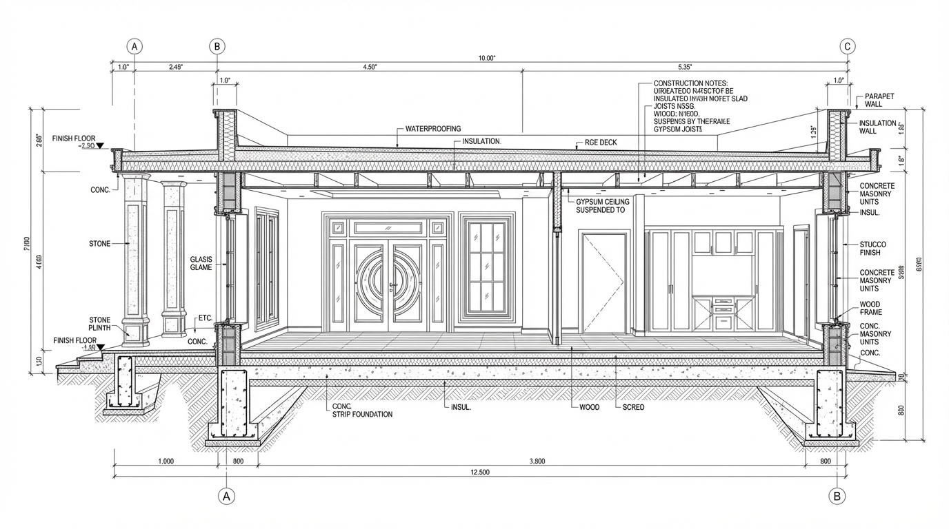 <role>
You are an expert architectural draftsman specializing in technical CAD section drawings.
</role>
<task>
Transform the architectural render into a precise technical CAD-style section drawing with technical linework, precise measurements, and standard CAD conventions. Create a longitudinal (along the length of the building, typically front-to-back or side-to-side) section cut displayed using orthographic projection (parallel projection with no perspective distortion, showing true dimensions and relationships).
</task>
<constraints>
1. Output format: Generate a single architectural section drawing image
2. Visual style: Technical linework with precise measurements, architectural annotations, and standard CAD conventions. Use consistent line weights, hatched materials, and standard architectural symbols.
3. Section cut and view type: As specified in task
4. Text and annotations: Include text labels, annotations, dimensions, and technical notes as appropriate for the section drawing type.
5. Scale handling: Adapt to input scale appropriately
6. Element recognition: Identify and represent visible architectural elements (structural systems, building envelope, interior elements, spatial relationships)
7. Maintain: Architectural drafting standards, proper scale, accurate proportions, professional presentation quality
8. Focus: precision, technical accuracy, and construction documentation standards
9. Do not: Add elements not present in the original render, distort proportions, or include photorealistic rendering elements
</constraints>
<output_requirements>
- Drawing type: precise technical CAD-style section drawing
- Visual style: Technical linework with precise measurements, architectural annotations, and standard CAD conventions. Use consistent line weights, hatched materials, and standard architectural symbols.
- Elements: structural elements (beams, columns, walls), materials (concrete, steel, wood), dimensions, annotations, and technical specifications
- Technical accuracy: Must follow architectural drafting standards
- Professional quality: Suitable for construction documentation, shop drawings, and design presentations
- Text handling: Include appropriate text labels and annotations
</output_requirements>
<context>
Convert the architectural render into a precise technical CAD-style section drawing following Technical linework with precise measurements, architectural annotations, and standard CAD conventions. Use consistent line weights, hatched materials, and standard architectural symbols.. The drawing must be accurate, clear, and professionally rendered.
</context>