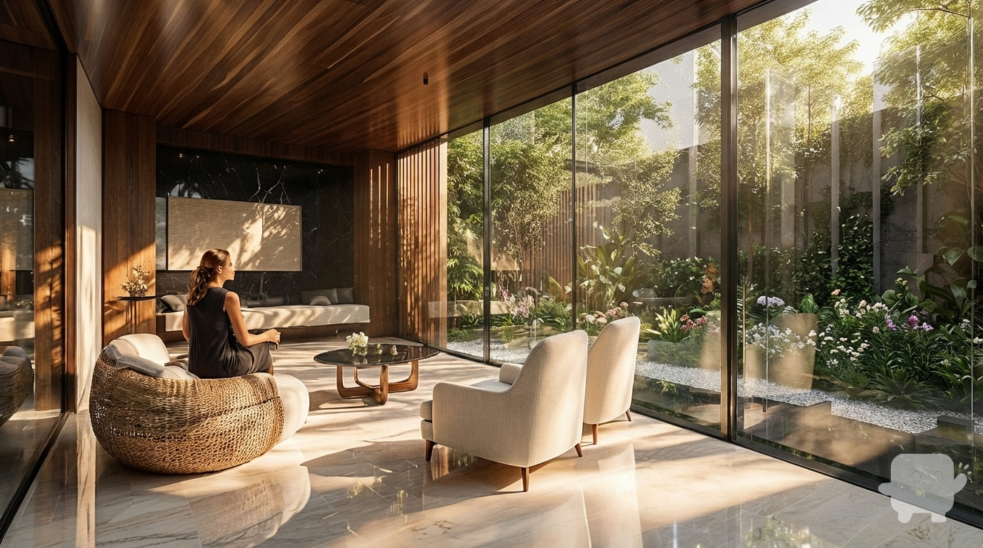 more realistic, like a real life photo “Ultra-realistic interior architectural visualization of a modern sunlit living room with floor-to-ceiling glass walls. Warm natural light enters through vertical wooden slats creating soft shadows across the white marble floor. A young woman sits peacefully on a textured white lounge chair, facing the sunlight. Two elegant armchairs with woven fabric sit beside a glass coffee table with sculptural wooden legs. The atmosphere is serene, minimalistic, and sophisticated. Exterior garden visible through the glass: lush greenery, flowers, and a reflecting pool. High-detail materials: black marble wall panel, warm wood cladding, soft fabric textures. Photorealistic global illumination, soft reflections, crisp shadows, 8k, high dynamic range, cinematic, PBR materials, hyperrealism.